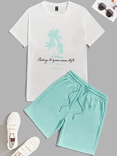 FIOXA Комплект дрехи от две части за мъже, тениски с тропически принтом и графичен слоган и спортни шорти с завязками на