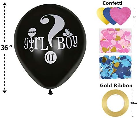2 бр. Балон за разкриване пола на детето, Черни Гигантски балони, с розов и син Конфети във формата на Сърца за Момче или