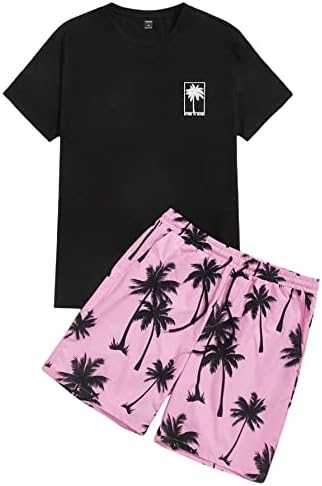 Floerns Мъжки Облекла от 2 теми, Тениска с Графичен Принтом, Комплект спортни шорти на съвсем малък, Черен, Розов Тропически XL