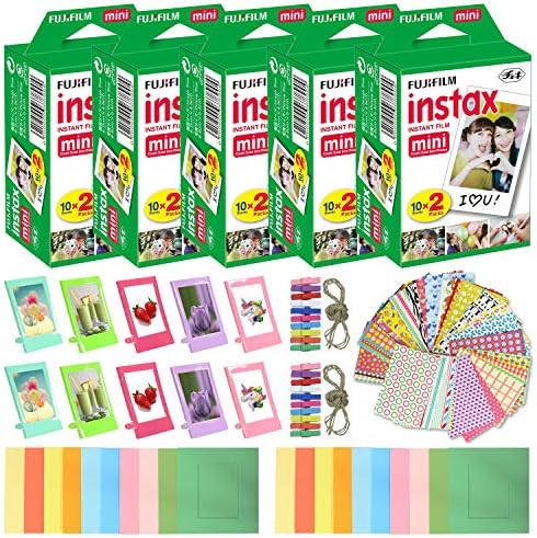 Незабавно филм Fujifilm Instax Mini (5 опаковки, 100 листа) 10 пластмасови рамки за плот + 20 хартиени рамки плюс 60 кадъра за етикети