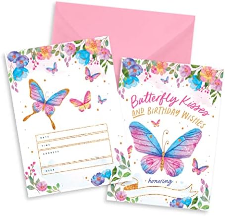 Joyful Toys Покани на рожден Ден с пеперуди в пликове Опаковка от 20 броя | Покани картички с пеперуди 5 x 7 - Са идеални