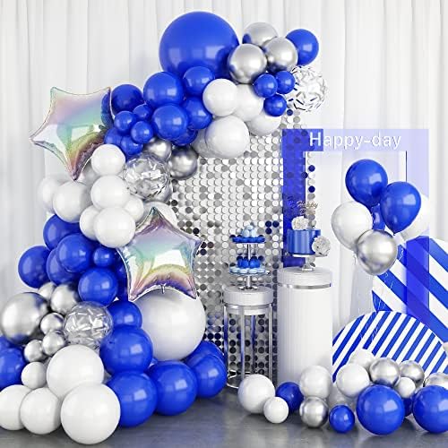 Комплект Венец от сини и бели балони GREMAG, 102 бр. в Комплект Арка от Кралското Синьо-Сребърни Балони, Сребро Въздушно Топка-Конфети,