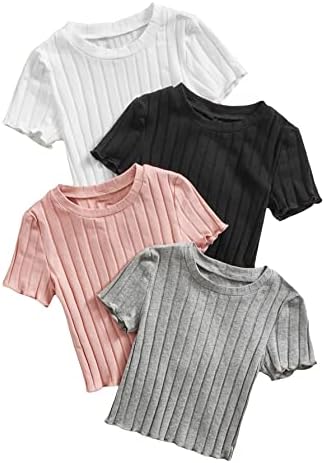 Тениска WDIRARA с гарнитура от листа маруля за малки момичета, Трикотажная Тениска в рубчик с кръгло деколте и Къс ръкав, Комплект от