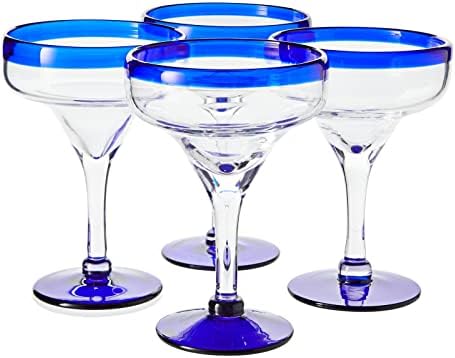 Комплект от 4 чаши за мексикански Маргарита ръчно выдувки с кобальтово-сини рамки (14 унция)