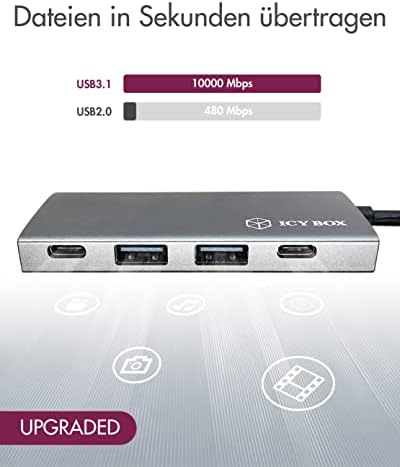 Концентратор на ICY BOX USB-C Gen 2 с 4 порта USB, USB 3.1 Gen2 10 gbps, Алуминий, Вграден кабел, сив графит