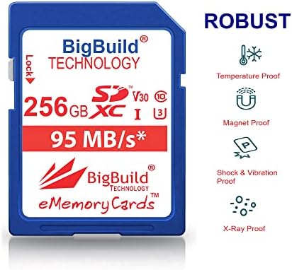 Технология BigBuild 256 GB Бърза карта памет U3 SDXC 95 Mb/s, съвместим с камери Panasonic Lumix DMC GX80, GX85, GX8AEG, LX100, LX15,