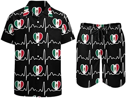 Мексикански Флаг Heartbeat Мъжки Плажни Дрехи от 2 теми, Хавайска Риза с Копчета с Къс ръкав и къси Панталони, Костюми