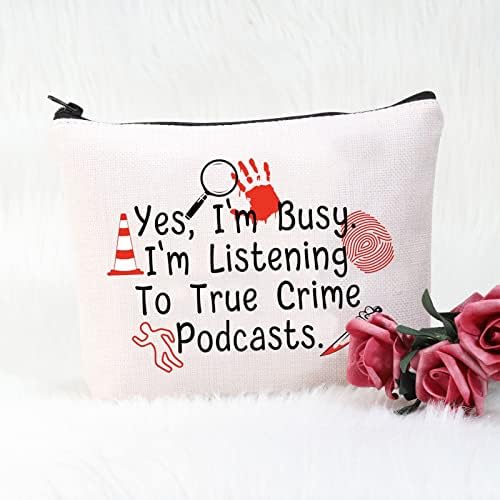 POFULL True Crime Podcasts Косметичка за грим True Crime Podcast Подаръци за наркомани Crime Наркоманът Merch (Да, аз съм зает чанта)