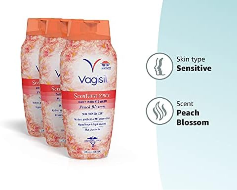 Средство за ежедневно измиване Vagisil Scentsitive с аромат на цветя, праскова, тестван гинеколог, свежо и нежно за кожата, 12