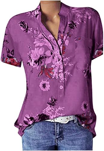 Дамска Риза с Копчета, 2023 Летни Основни Тениски с Цветен Модел, Джобове, Блузи с Къс Ръкав и V-образно Деколте, Свободни
