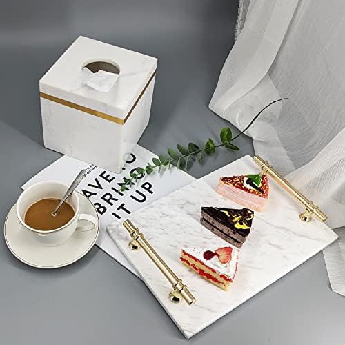 Декоративен поднос от мрамор BustleDust със златни дръжки за тезгяха, тоалетна маса, нощни шкафчета или писмено плот, Размер (Аякс Бяло,