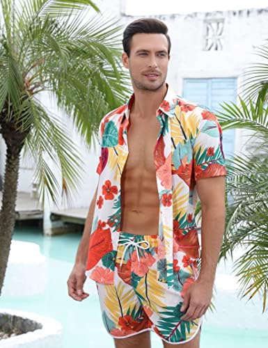 EliteSpirit Мъжки Хавайски Ризи и Шорти от 2 теми с Къс ръкав и Цветен Модел За Почивка на Плажа, на копчета Бели M
