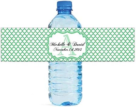Изумрудено-Зелени Етикети за бутилки с вода с Монограм във формата на Четырехлистника Отлични за Сватба, рожден Ден, Юбилей, парти в чест