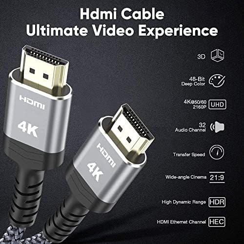 Highwings 4K Дълъг HDMI кабел от 50 фута, високоскоростен сплетен кабел 18 Gbit/с 2.0-Поддържа (1080P 30 Hz HDR, видео Ultra HD 1080p 3D HDCP 2.2 ARC)-Съвместим с PS4/3 Roku TV/ HDTV/PS5/ Blu-ray