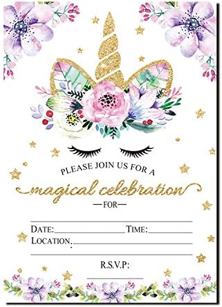 Магически покани под формата на еднорог за рожден ден, оригинални блестящи покани под формата на еднорог в пликове за детски рожден ден (24 опаковка)