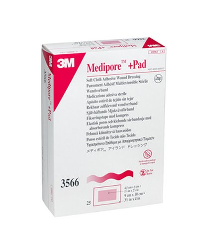 Превръзка на рана от мека тъкан 3M™ Medipore™ + Pad 3566, размер превръзки 3 1/2 ИНЧА x 4 ИНЧА, Размер на уплътнение 1 3/4 x 2 3/8 ИНЧА