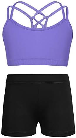 YiZYiF/ Комплект дрехи за гимнастика танци от 2 теми за момичета, Скъсяване на Върхове с изрези на ремешках и Къси Спортни Дрехи с попой