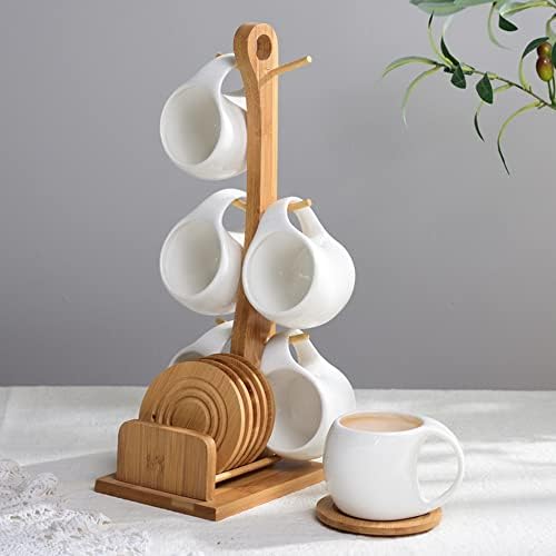 Колекция от Керамични Кафе Чаени Чаши DuofLily с Бамбуковым Блюдцем и Стойка, Штабелируемый и многократна употреба за Домашния