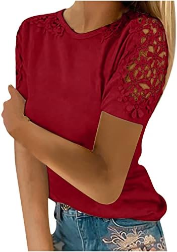 Дамски Скъпа Лейси Блуза, Топ Лятото С Къс Ръкав от Дантела Выдалбливают Ежедневни Тениски С кръгло деколте Червено