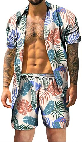Мъжки Хавайски Ризи с цветен Модел, Комплекти от 2 теми, Топ за джогинг и Къси Тоалети, Вечерни Тропически Хавайски Спортни Панталонки с Еластична