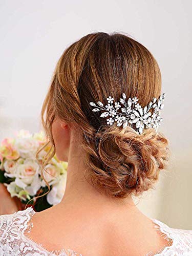 Unsutuo Кристален сватбена гребен за коса на булката, сребро, планински кристал, цветя, сватбена украса за коса, перлени сватбени