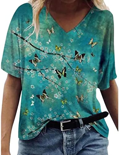 Тениска с V Образно Деколте Дамски Лятна Есенна С Къс Ръкав Мека Удобно Облекло Памучен Графична Блуза за Късна Закуска Риза за