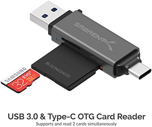 Четец на карти с памет SABRENT USB 3.0 и USB Type-C OTG поддържа SD, SDHC, SDXC, MMC /microSD T-Flash (CR-BCA2)
