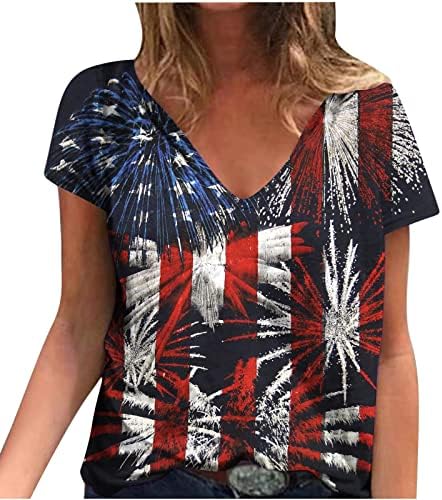 QCEMENI/ Дамски Летни Тениски С Принтом на Деня на Независимостта, Върхове с американския Флаг, Тениска с V-образно деколте и Къс Ръкав,
